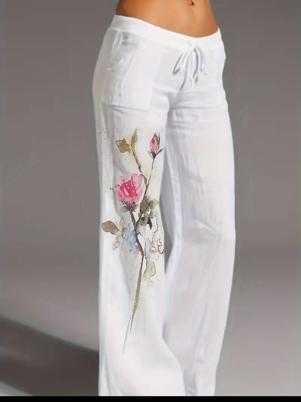 White Wide-Leg Floral Print Lounge Pants